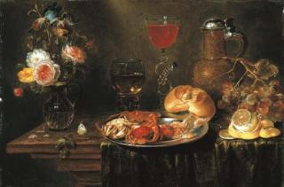 Alexander Adriaenssen - Roses and an iris in a glass vase, crabs and prawns on a pewter platter, a Façon-de-Venise wineglass, a stoneware ewer, a bunch of grapes, a bread roll and a roemer on a partly-draped table