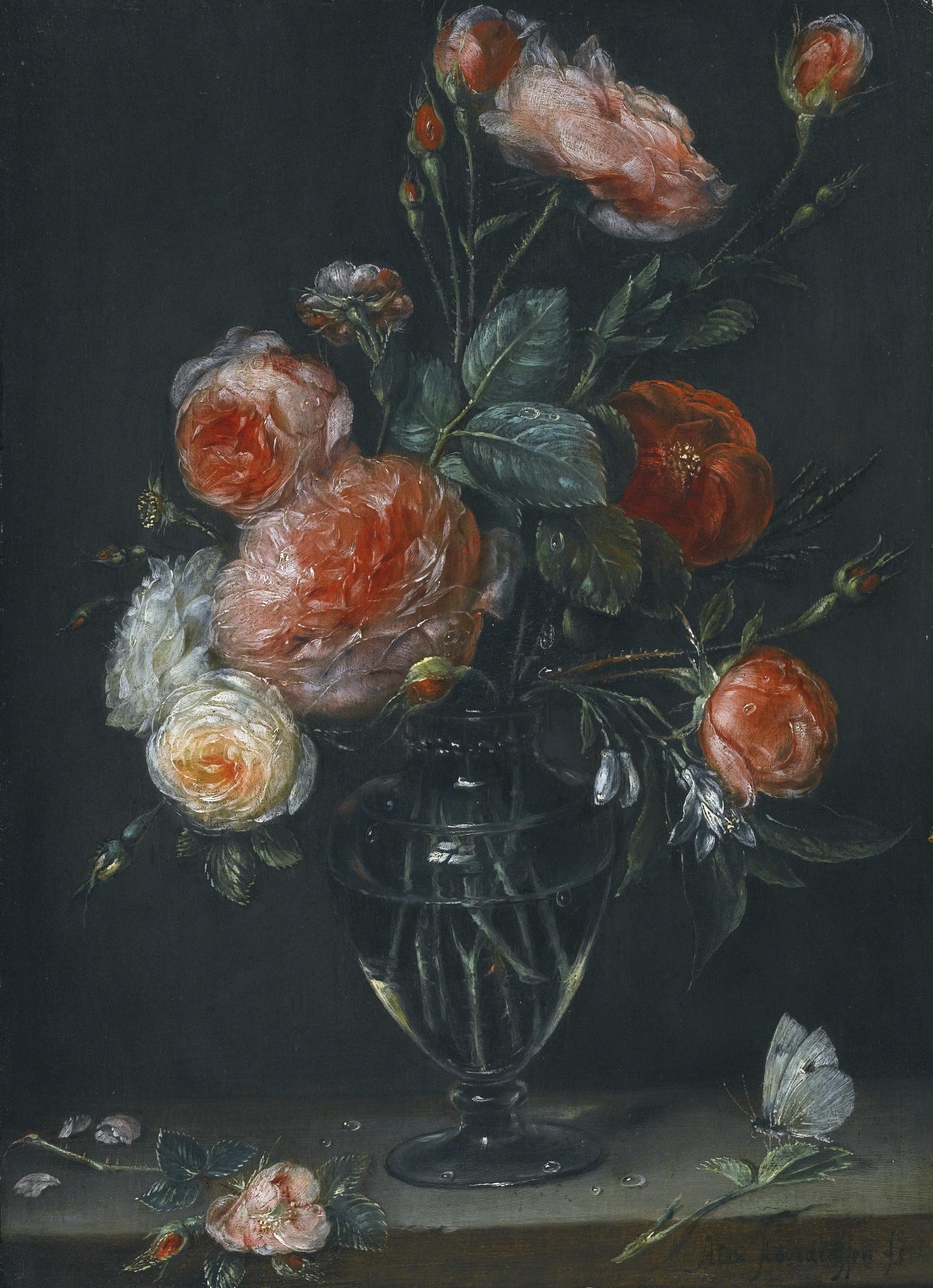 Alexander Adriaenssen - Still Life Of Roses In A Glass Jar On A Stone Ledge With A Butterfly