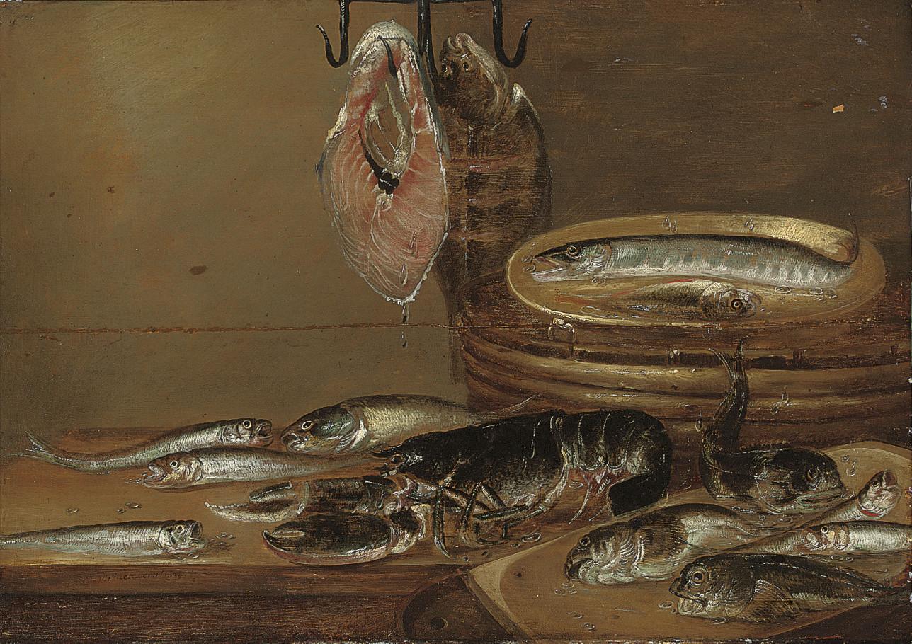 Alexander Adriaenssen - Still life with fish and a lobster on a table
