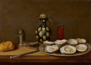Alexander Adriaenssen - Still Life with oysters, bread, a knife, drinking vessels and a caster