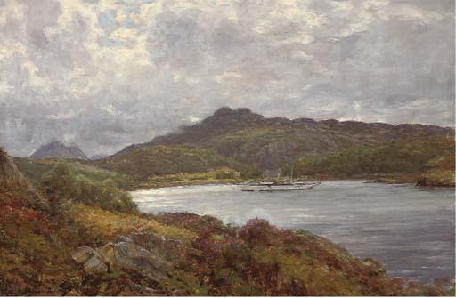 Alexander Brownlie Docharty - A yacht on a highland loch