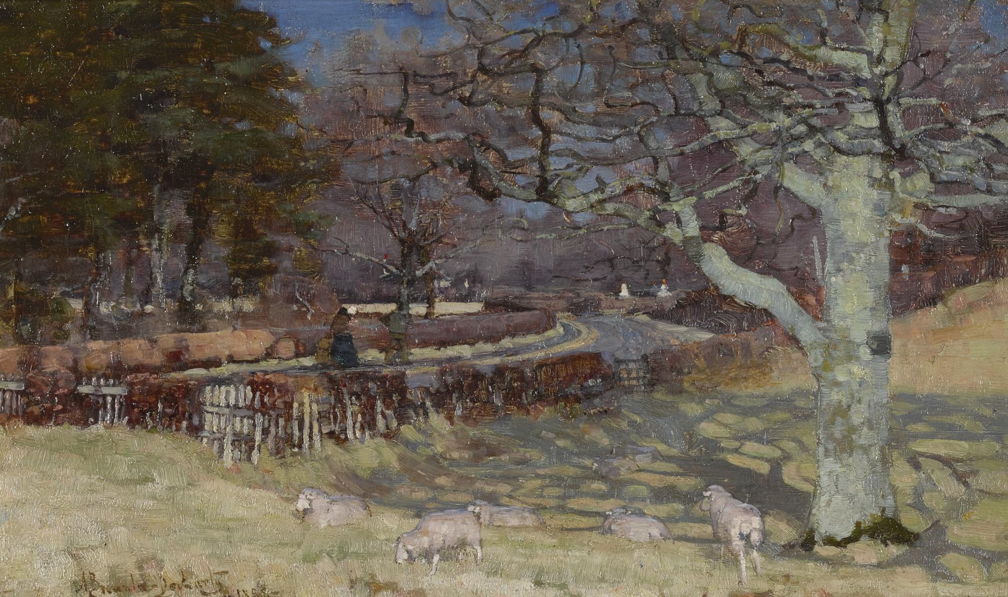 Alexander Brownlie Docharty - Sheep By A Sun Dappled Road