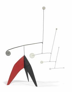 Alexander Calder - Seven White Dots, Brass Spiral, On Black And Red