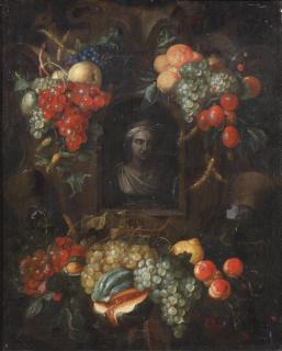 Alexander Coosemans - A Sculpted Bust In A In A Niche Surrounded With Swags of Fruit