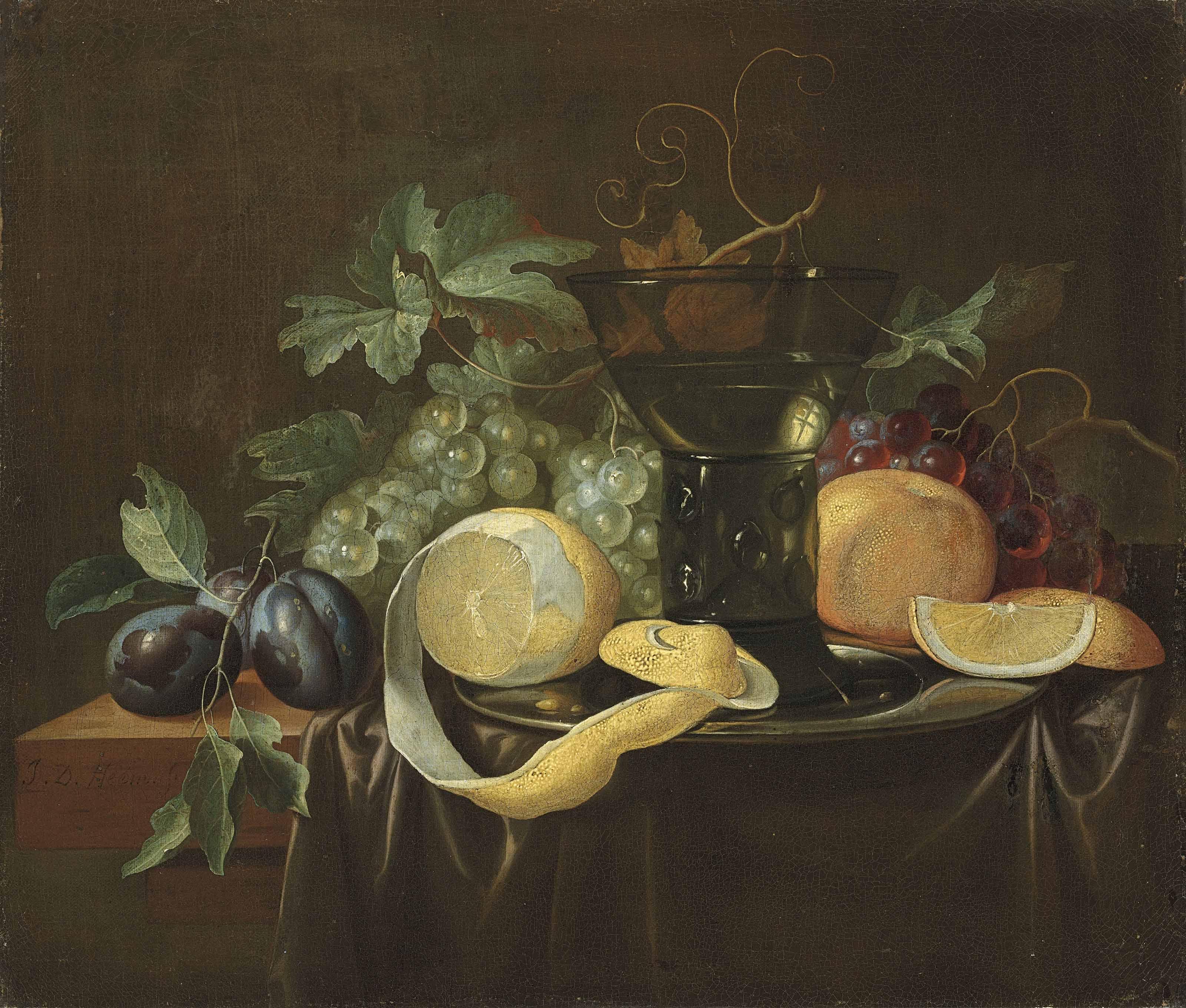Alexander Coosemans - Fruit, A Pewter Dish And A Roemer On A Partially Draped Table