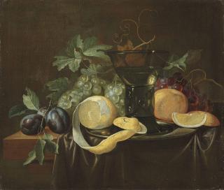 Alexander Coosemans - Fruit, A Pewter Dish And A Roemer On A Partially Draped Table