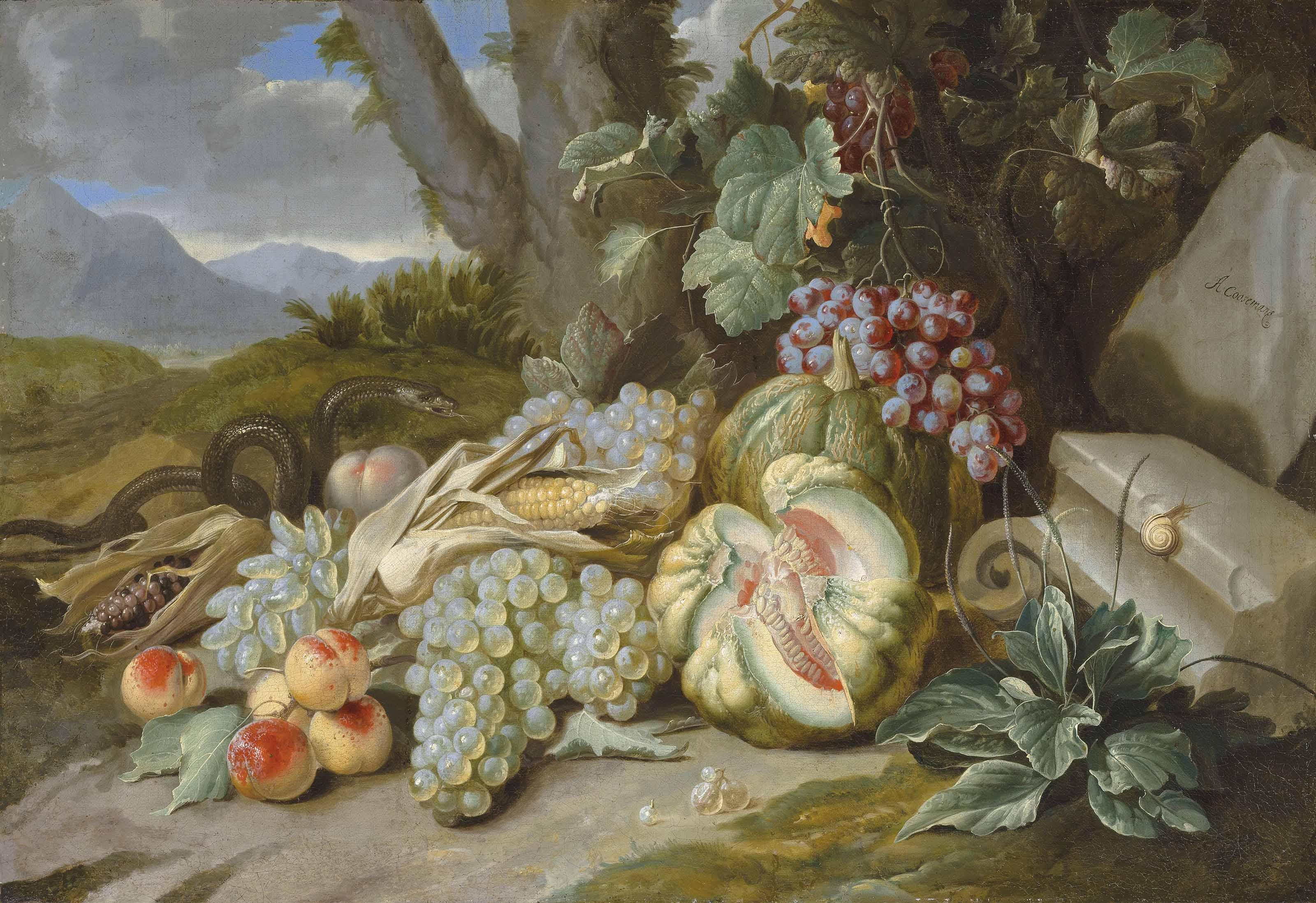 Alexander Coosemans - Melons, grapes, peaches and corn with a snake, in a landscape