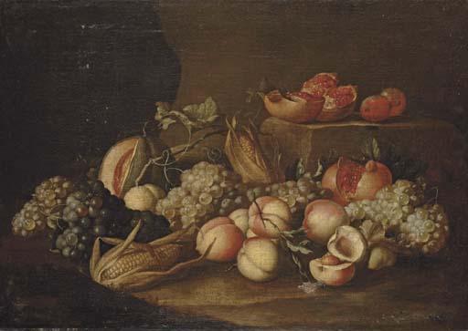 Alexander Coosemans - Peaches, grapes, corn on the cob, pomegranates and a melon on a stone floor