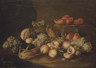 Alexander Coosemans - Peaches, grapes, corn on the cob, pomegranates and a melon on a stone floor