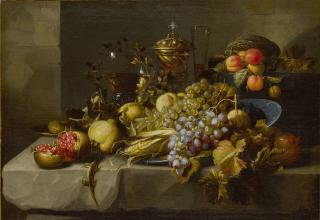 Alexander Coosemans - Still Life of grapes, pomegranates, walnuts, peaches, an ear of corn, various drinking vessels, and a lizard, all on a stone ledge