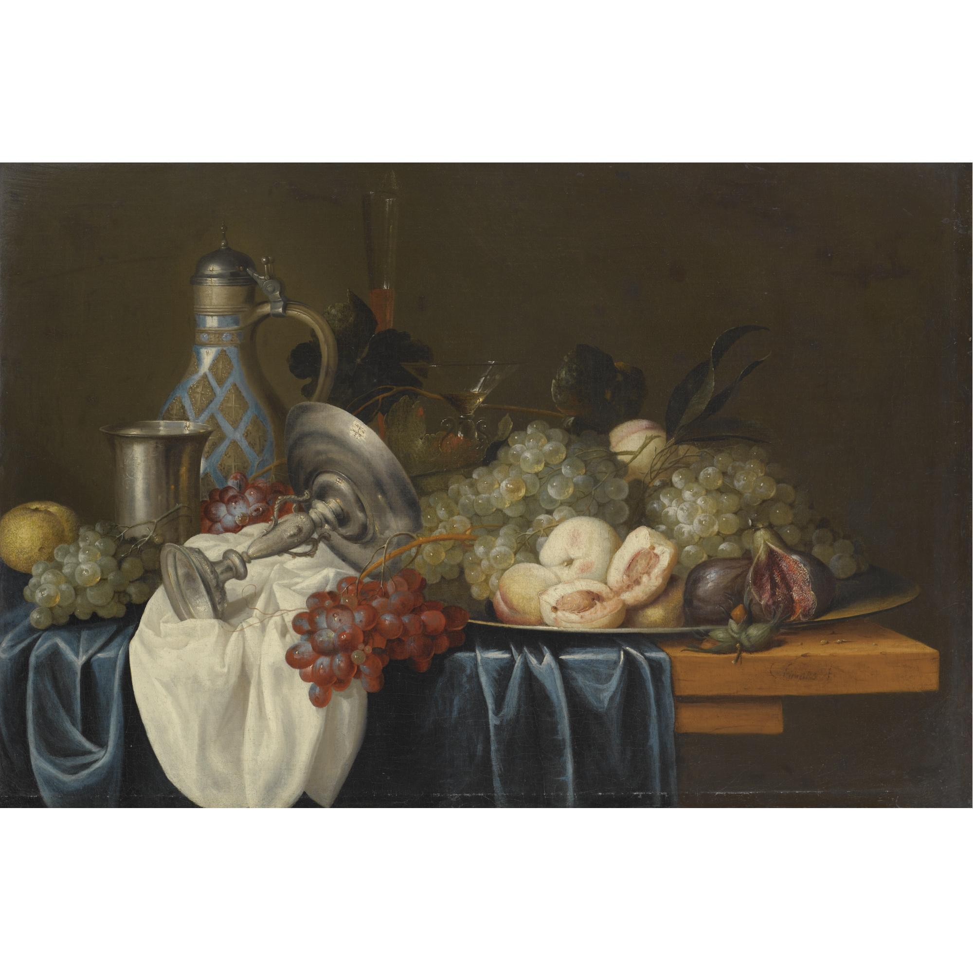 Alexander Coosemans - Still Life With Bunches Of Grapes, Peaches And Figs On A Pewter Dish, Together With A Silver Beaker And Tazza, A Wine Glass, A Flute And A Stoneware Jug, On A Table Draped With Blue And White Cloths