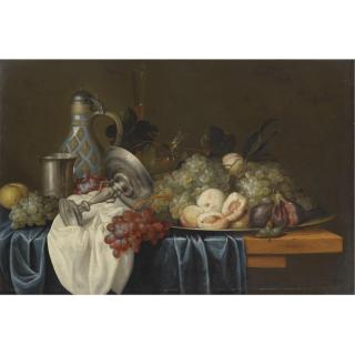 Alexander Coosemans - Still Life With Bunches Of Grapes, Peaches And Figs On A Pewter Dish, Together With A Silver Beaker And Tazza, A Wine Glass, A Flute And A Stoneware Jug, On A Table Draped With Blue And White Cloths