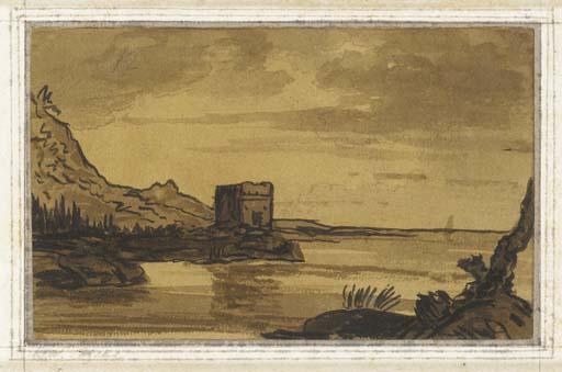 Alexander Cozens - A coastal landscape with a ruined tower