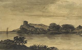 Alexander Cozens - A coastal landscape with a tower, a sail on the horizon