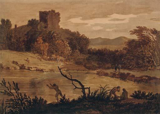Alexander Cozens - A Landscape With Men Bathing And A Ruined Tower Beyond