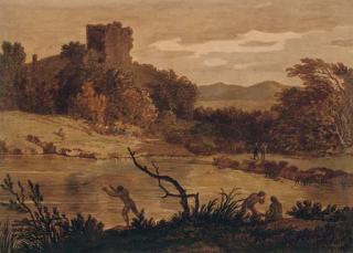 Alexander Cozens - A Landscape With Men Bathing And A Ruined Tower Beyond