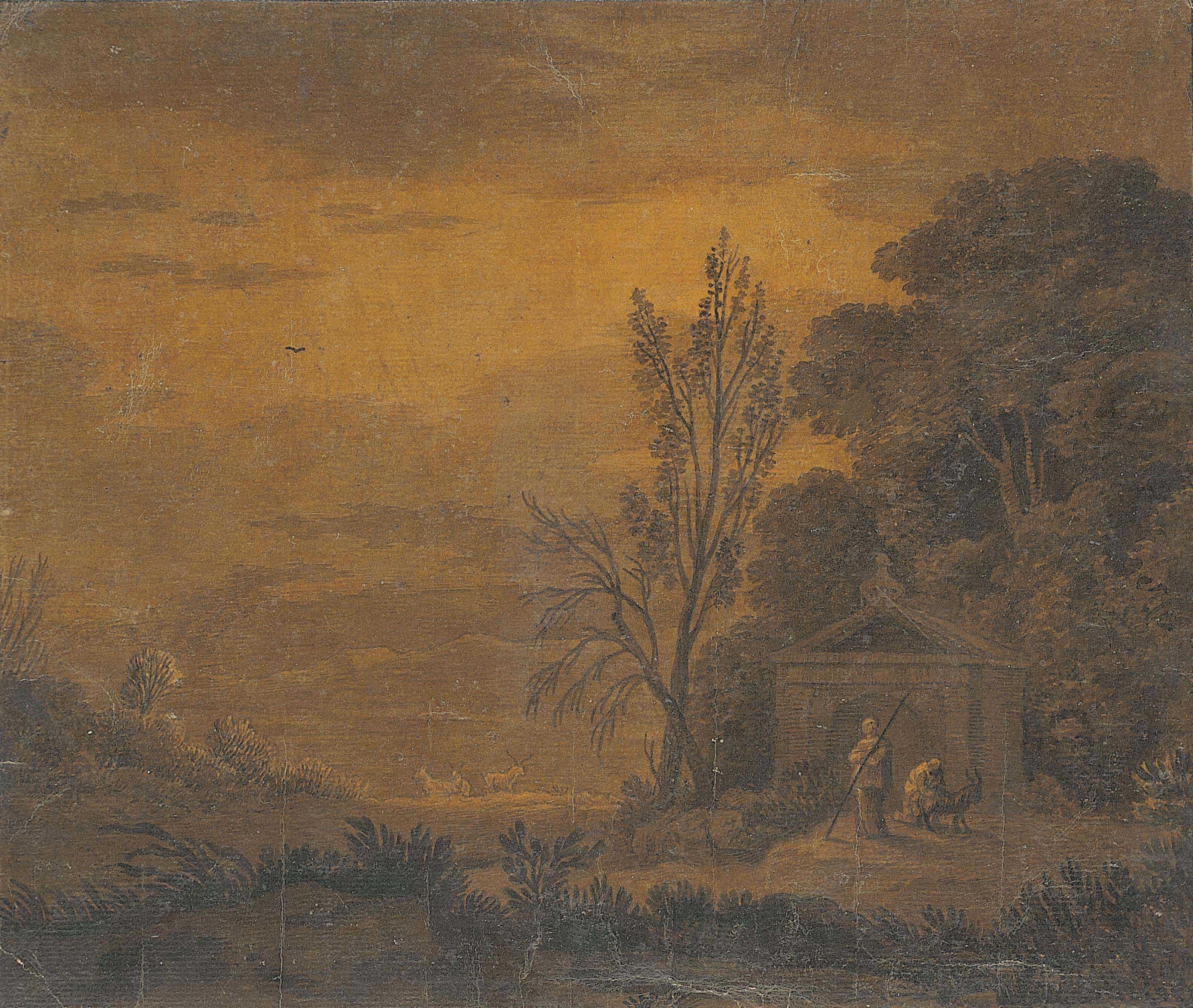 Alexander Cozens - A wooded landscape with two figures and a goat before a classical temple