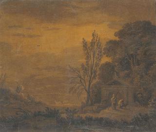 Alexander Cozens - A wooded landscape with two figures and a goat before a classical temple