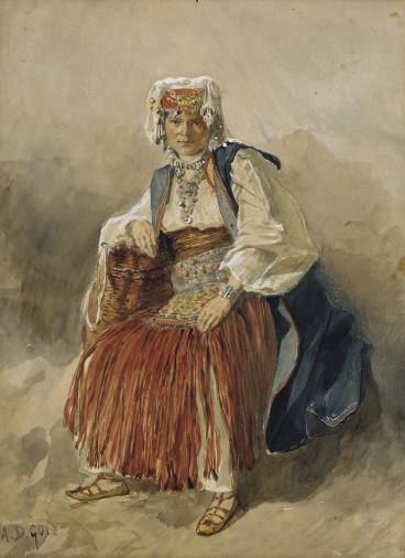 Alexander Demetrius Goltz - Femme assise en costume traditionnel turc, un panier sous le bras