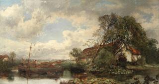 Alexander Fraser Jnr RSA RSW - Landscape with barges moored at a riverside cottage