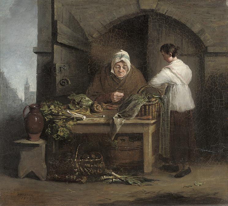 Alexander Fraser The Elder, A.R.S.A. - An old woman at a table of vegetables with a maid, in a doorway