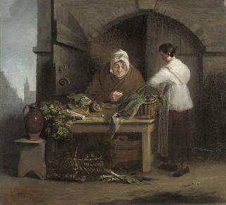 Alexander Fraser The Elder, A.R.S.A. - An old woman at a table of vegetables with a maid, in a doorway