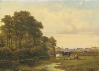 Alexander Hieronymus Bakhuyzen Jun. - Cattle by a river, a town beyond
