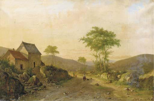 Alexander Hieronymus Bakhuyzen Jun. - Travellers on a sandy track in a hilly landscape