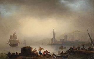 Alexander-Jean Noël - 2 Gemälde: Südliche Küstenlandschaften mit Fischern und Leuchtturm