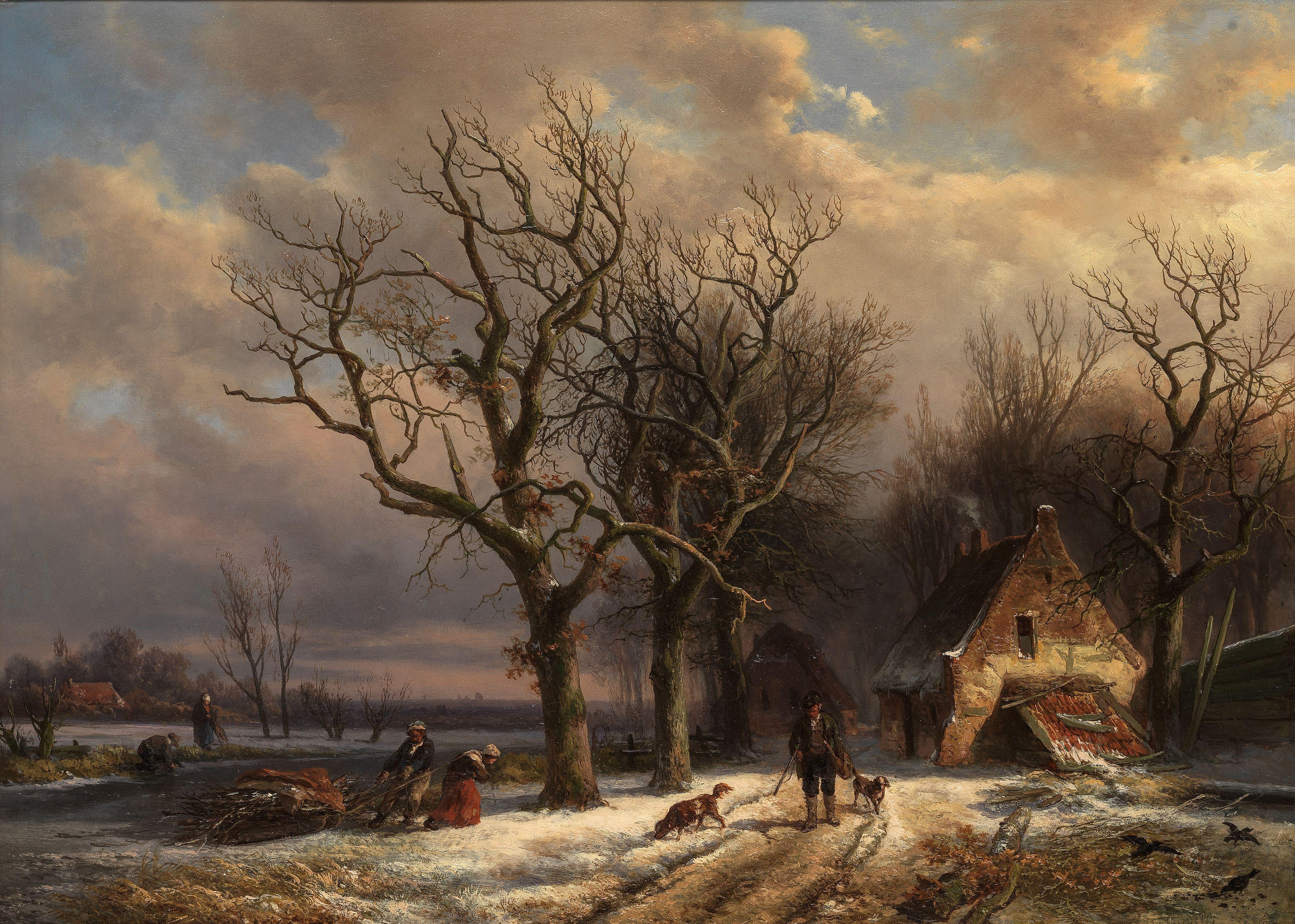Alexander Joseph Daiwaille - A winter landscape with figures collecting firewood, a huntsman passing