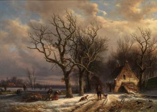 Alexander Joseph Daiwaille - A winter landscape with figures collecting firewood, a huntsman passing