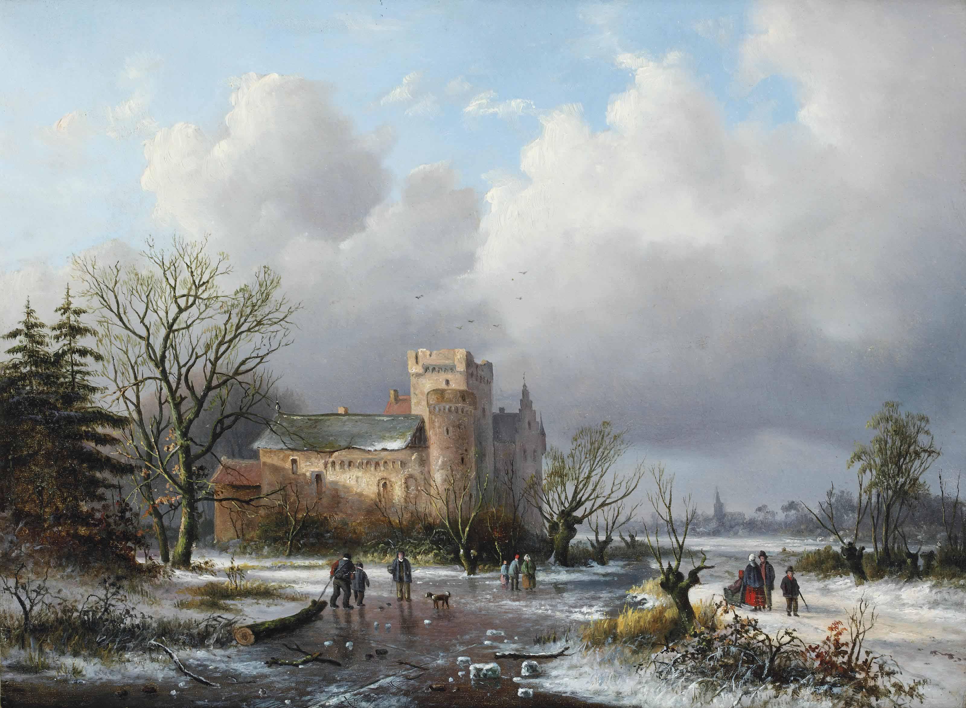 Alexander Joseph Daiwaille - A winter landscape with figures on the ice near a castle