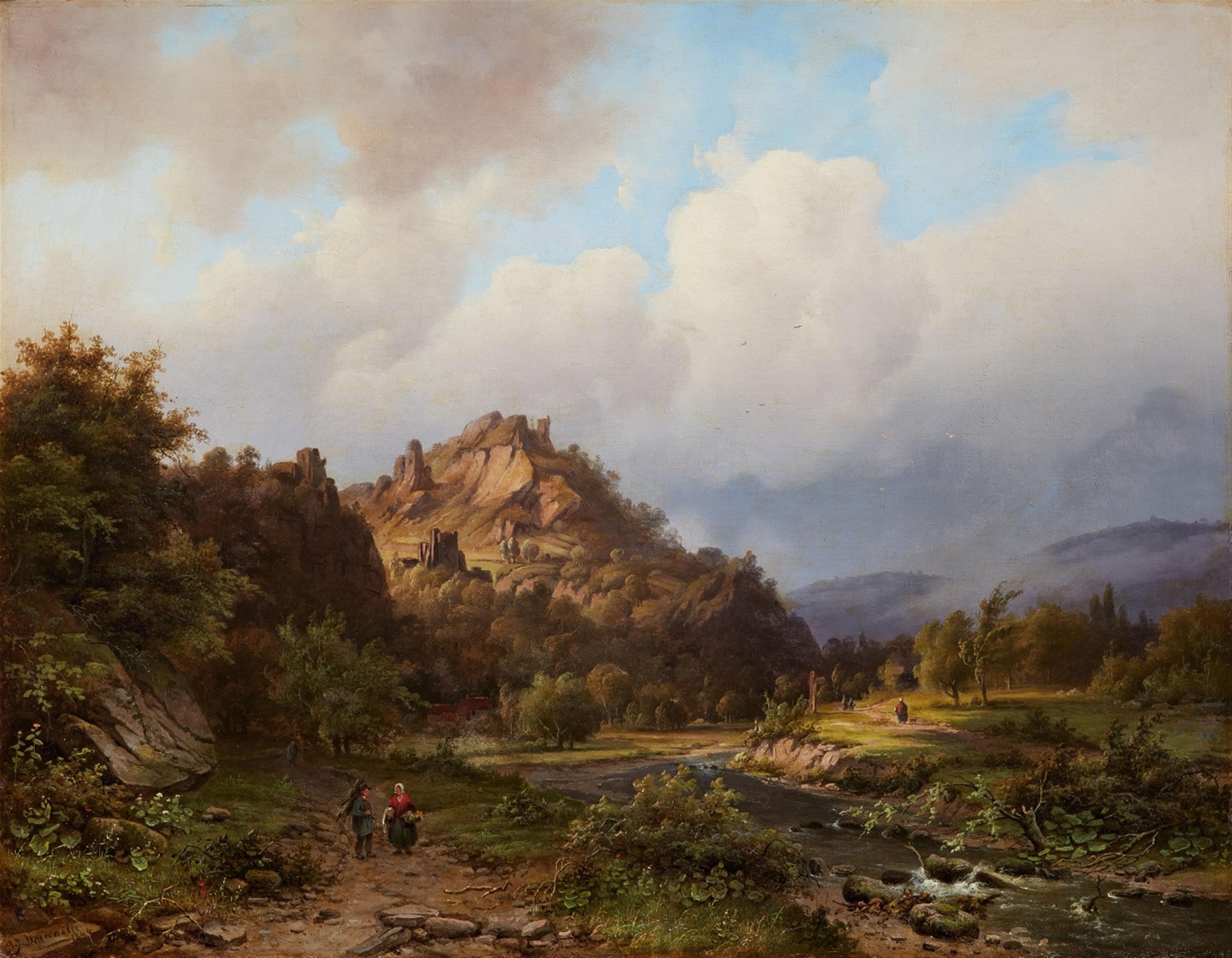 Alexander Joseph Daiwaille - Weite Gebirgslandschaft mit Fluss und Staffagefiguren