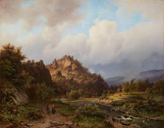 Alexander Joseph Daiwaille - Weite Gebirgslandschaft mit Fluss und Staffagefiguren