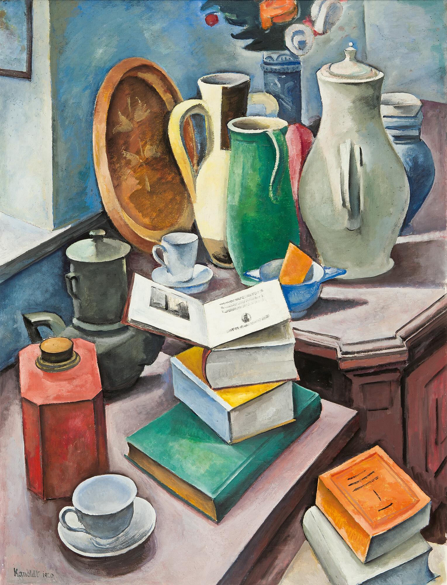Alexander Kanoldt - Stillleben mit Büchern und Krügen.