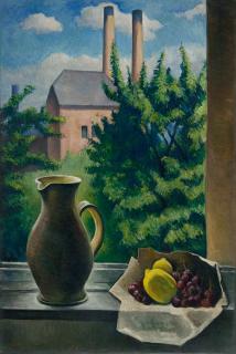 Alexander Kanoldt - Stillleben mit Fensterausblick.