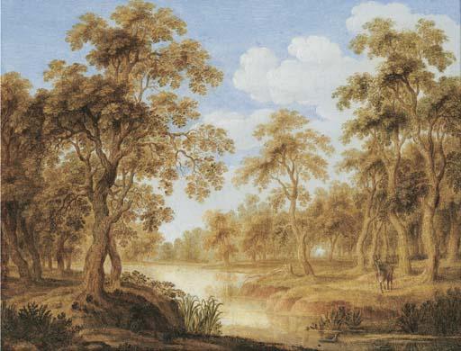 Alexander Keirincx - A wooded landscape with a stream and a stag