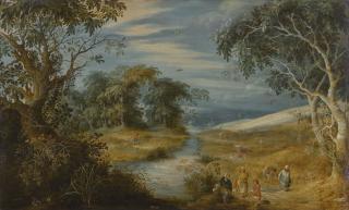 Alexander Keirincx - A Wooded Landscape With Figures On The Bank Of A River, A Windmill In The Distance