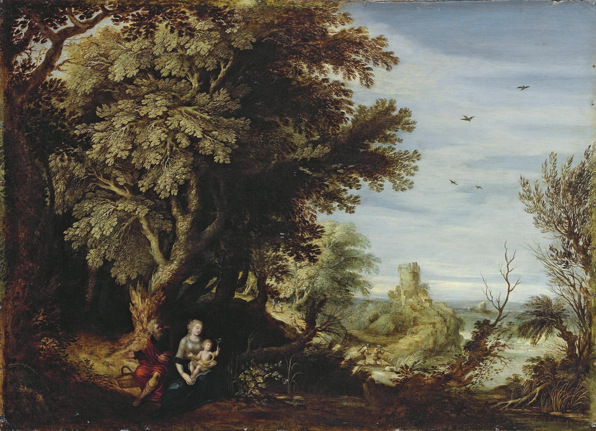 Alexander Kierincx - A wooded landscape with the Rest on the Flight to Egypt