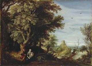 Alexander Kierincx - A wooded landscape with the Rest on the Flight to Egypt