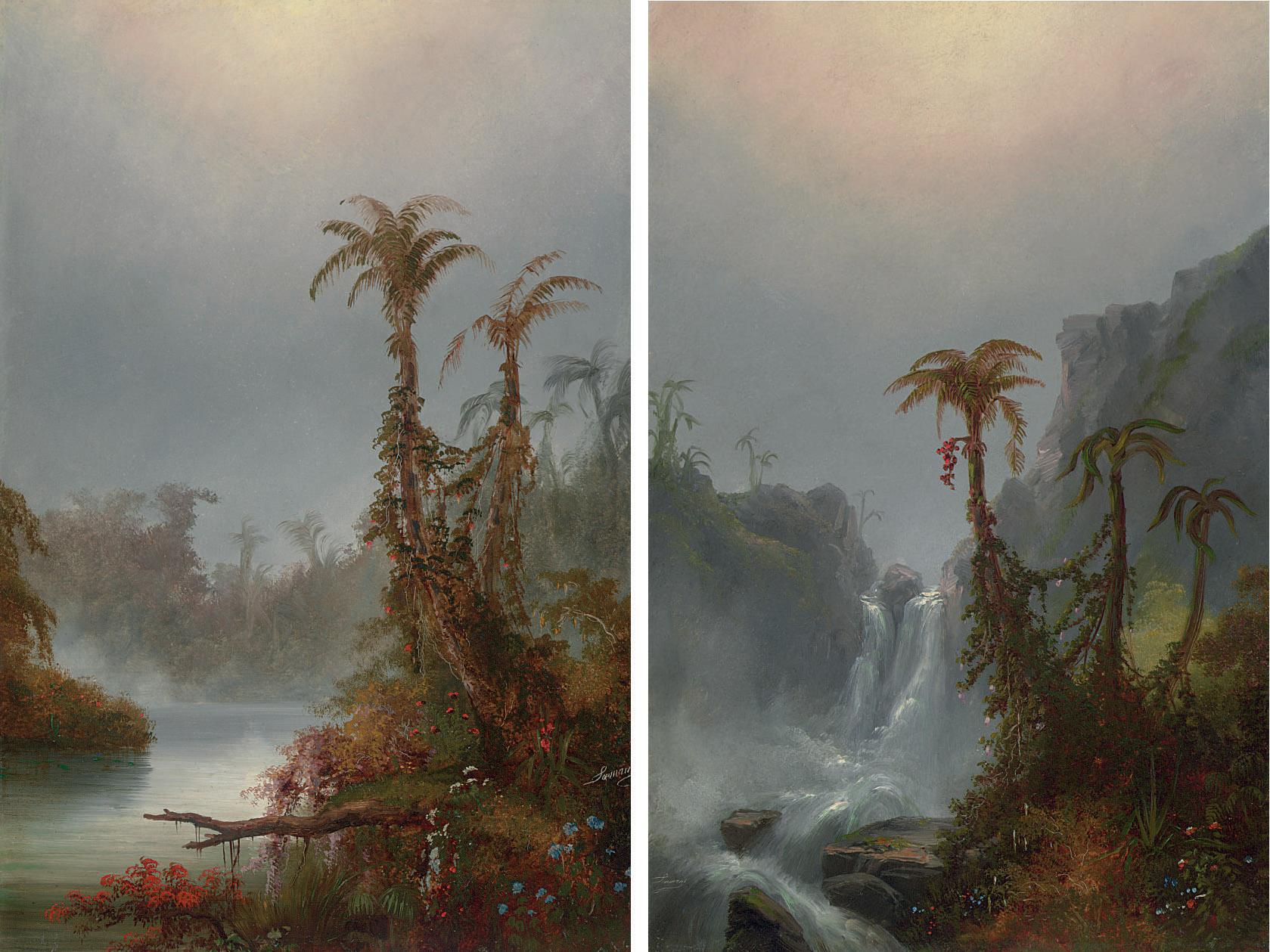 Alexander Loemans - Tropical Scene with Fallen Tree; and Tropical Landscape with Waterfall: A Pair of Works