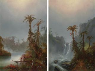 Alexander Loemans - Tropical Scene with Fallen Tree; and Tropical Landscape with Waterfall: A Pair of Works