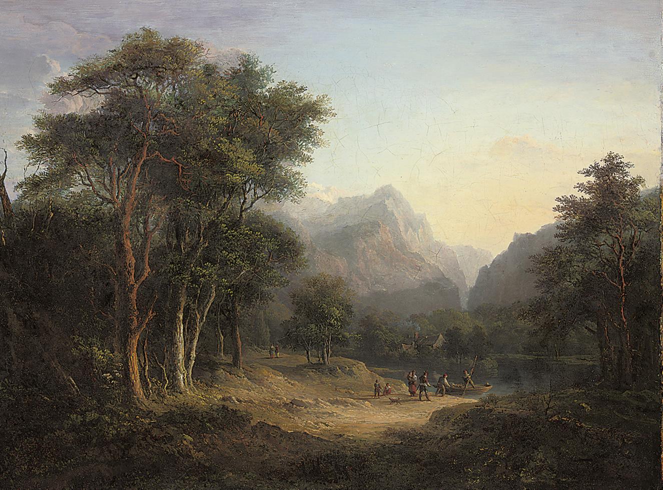 Alexander Nasmyth - A Mountainous Wooded Landscape With Figures Crossing A River