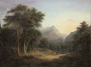 Alexander Nasmyth - A Mountainous Wooded Landscape With Figures Crossing A River