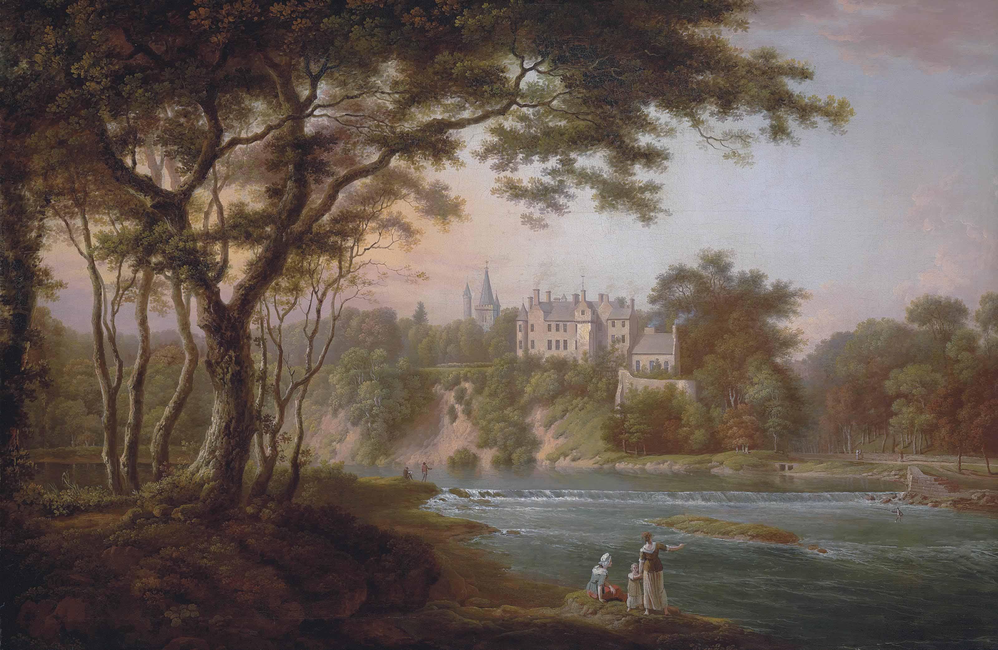 Alexander Nasmyth - A View Of Brechin Castle, Angus, Seen From The Southbank Of The River South Esk, With The Artist Sketching And Other Figures On The Banks