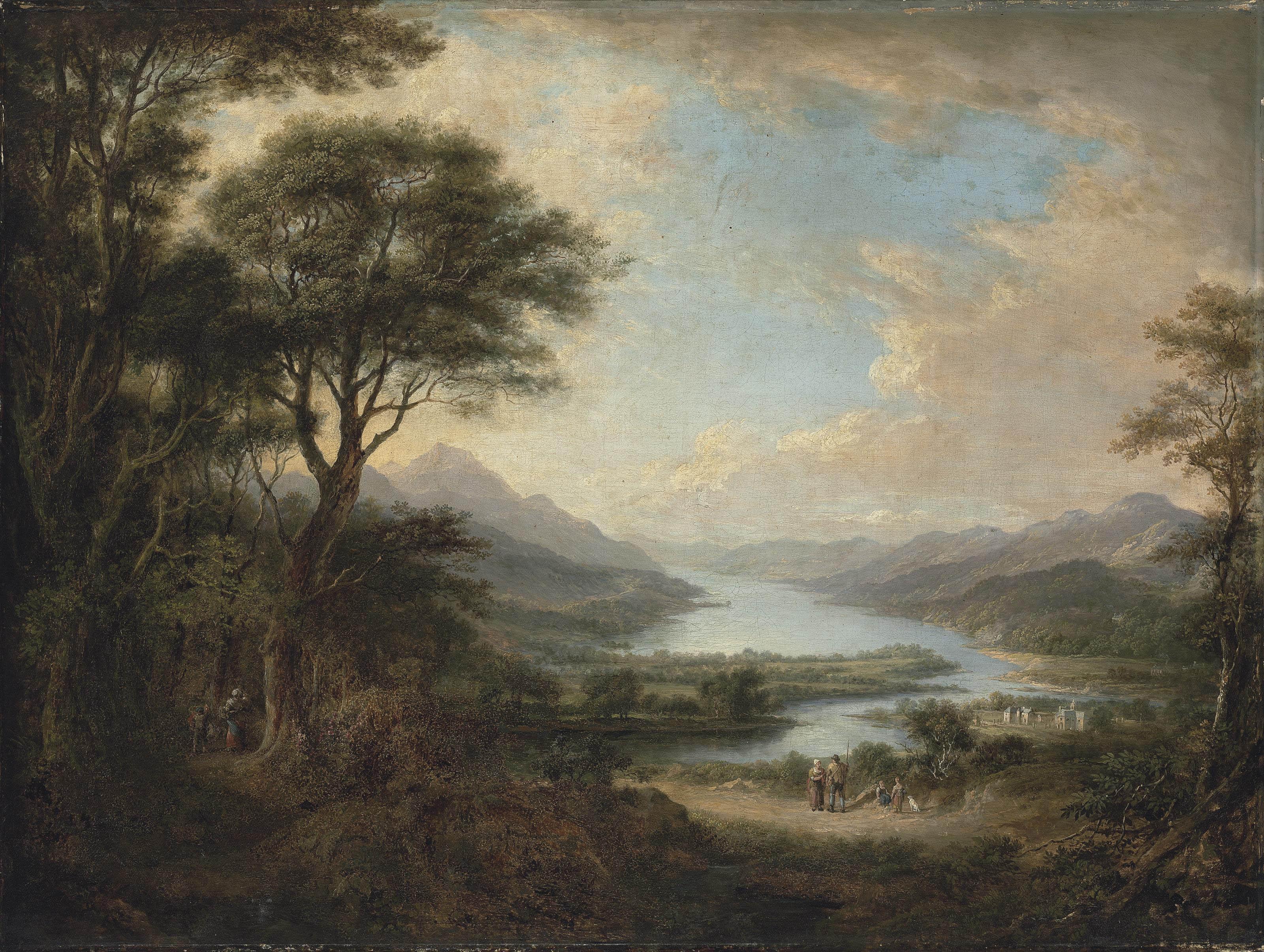 Alexander Nasmyth - A view of Loch Tay, from the West, at Killin, with travellers on a path and a village beyond