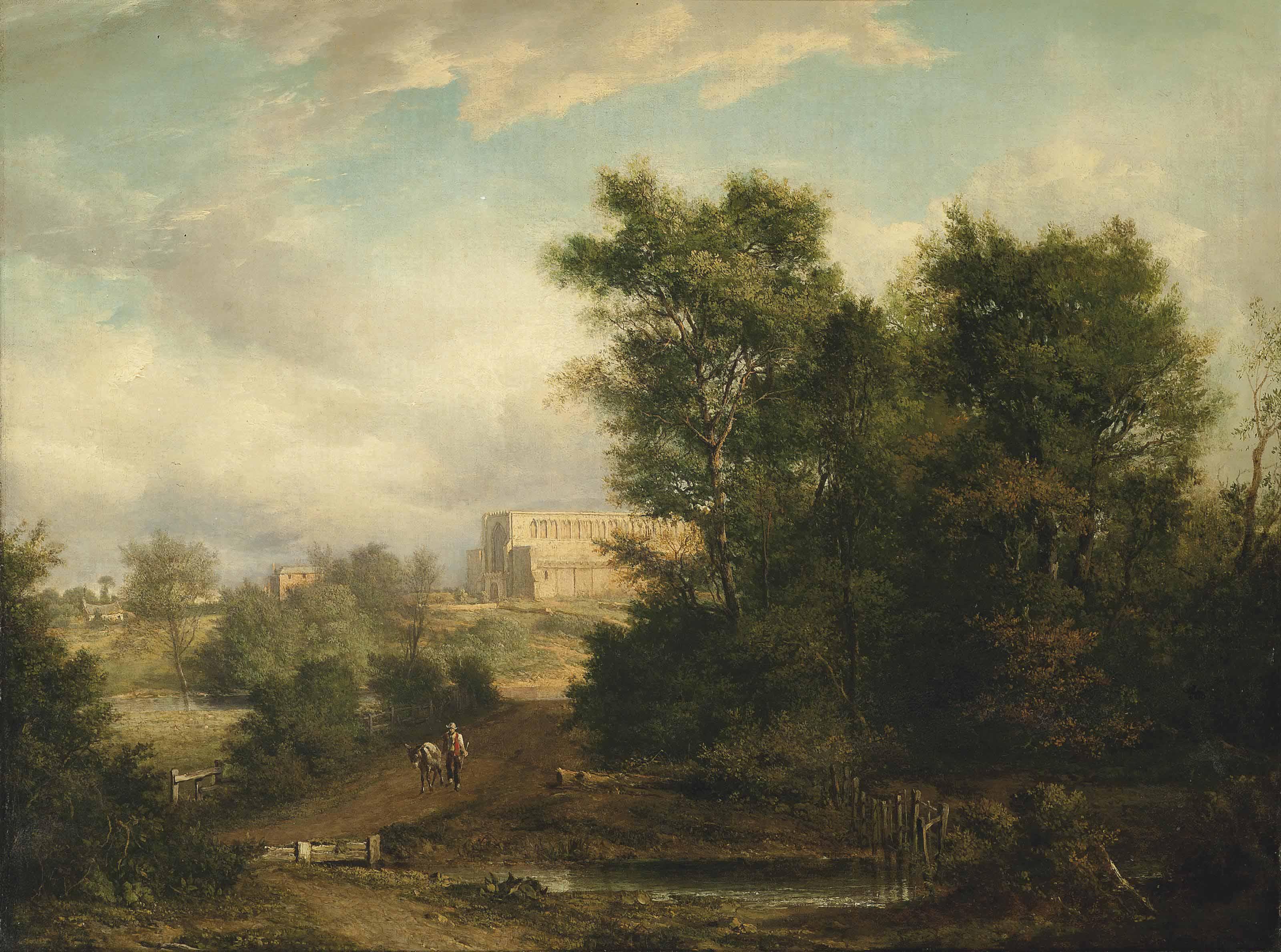Alexander Nasmyth - A Wooded River Landscape With A Traveller On A Track, St Albans Abbey Beyond