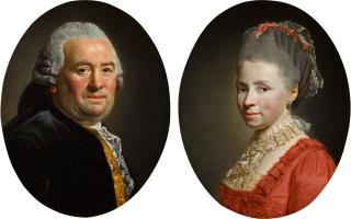 Alexander Roslin - Portrait of a lady, bust-length, in a red dress with lace; and Portrait of a gentleman, bust-length, in a black coat with a yellow embroidered waistcoat and lace cravat