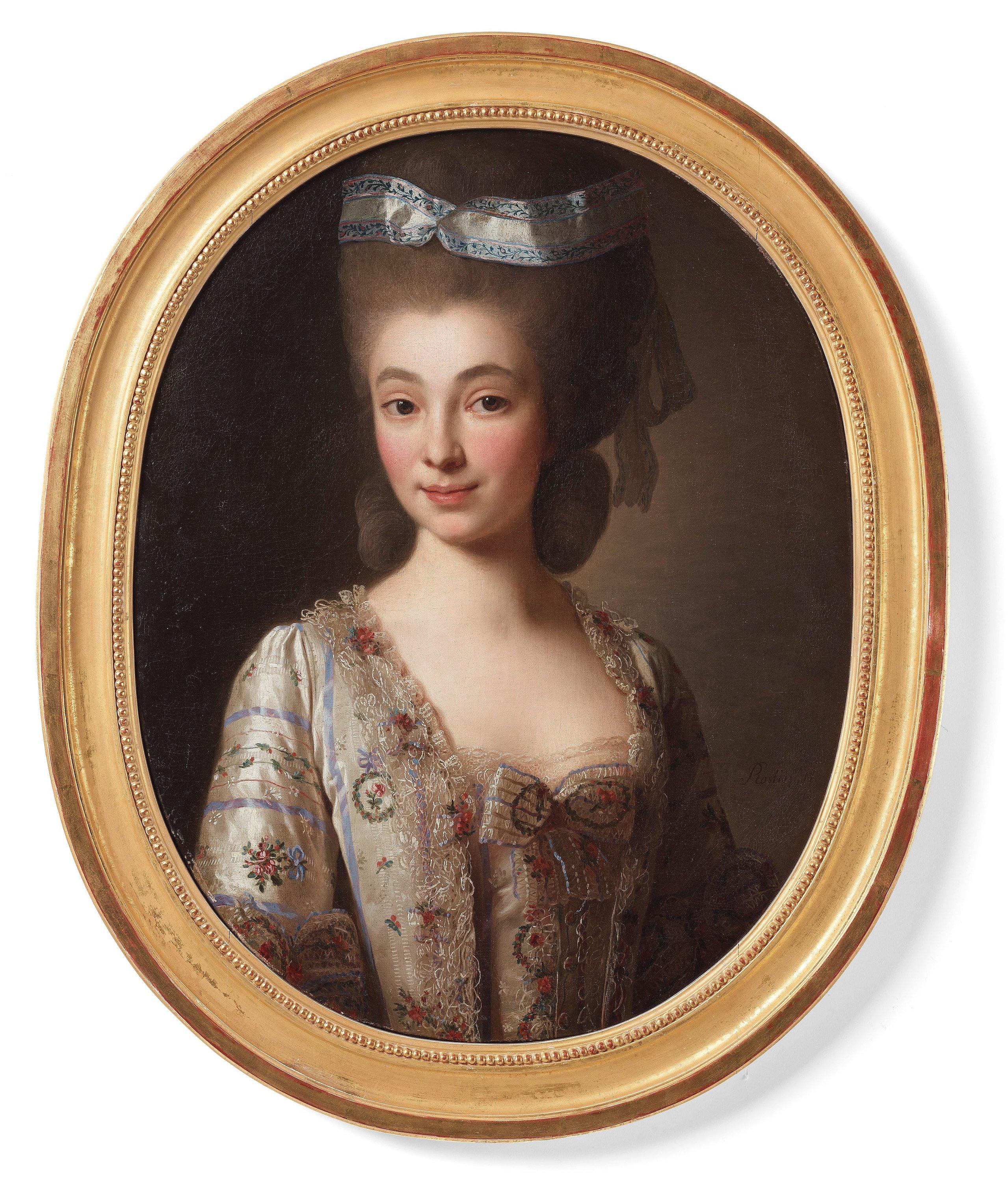 Alexander Roslin - Portrait of a young woman in a pearl-grey embroidered silk dress with lilac ribbons.