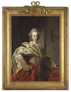 Alexander Roslin - Portrait of King Christian VII of Denmark, half-length, in coronation robes and holding a crown and sceptre